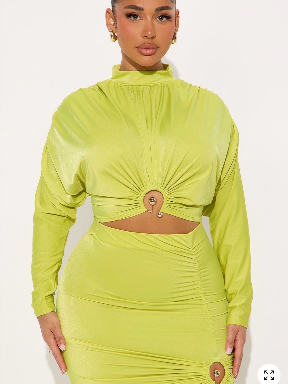 Fashion Nova Lime Mock Neck Long Sleeve Cropped Top with Ring Cutout